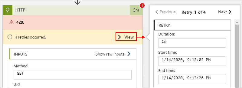 Captura de pantalla que muestra el flujo de trabajo de consumo con el historial de ejecución de una acción HTTP, los reintentos, las entradas y las salidas.