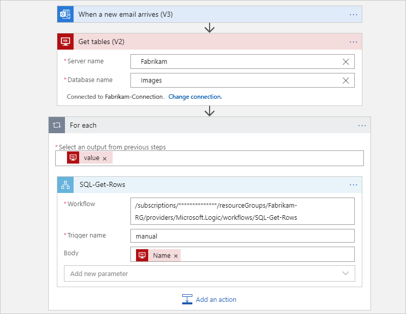 Captura de pantalla que muestra el flujo de trabajo principal de Consumption, que obtiene las tablas de SQL Server y llama al flujo de trabajo secundario.