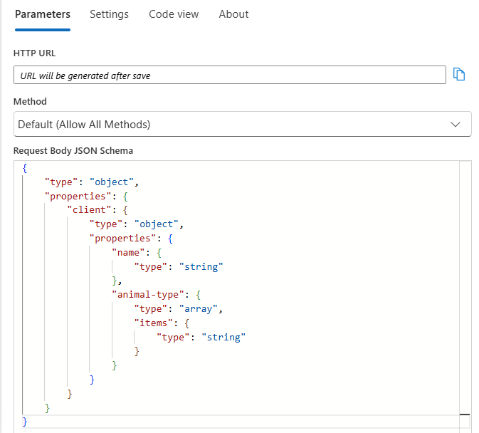 Captura de pantalla que muestra el esquema JSON generado a partir de la carga JSON de ejemplo.
