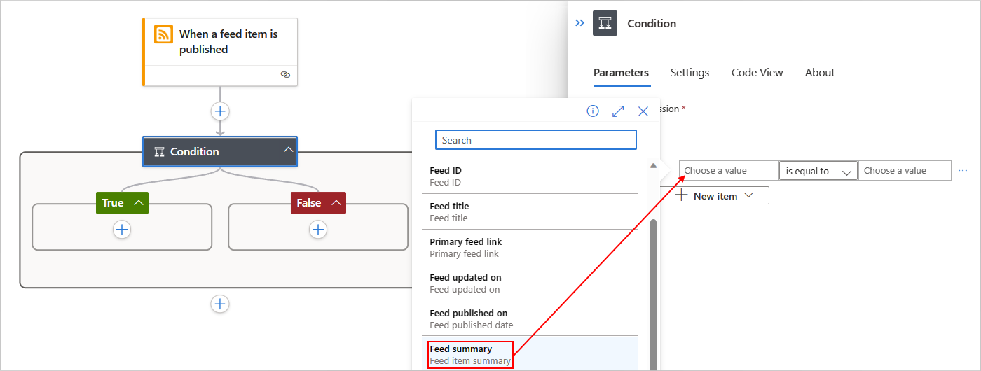 Captura de pantalla que muestra Azure Portal, el diseñador de flujos de trabajo estándar, el desencadenador RSS y la acción Condición con la construcción de criterios.