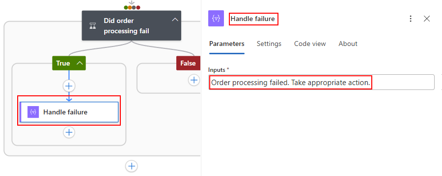Captura de pantalla que muestra la rama True con la acción Componer que indica un error de pedido.