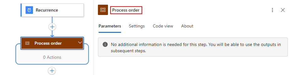 Captura de pantalla que muestra la acción de ámbito cuyo nombre se ha cambiado como Procesar pedido.