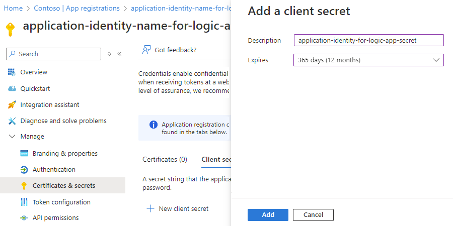 Captura de pantalla que muestra la creación de secretos para la identidad de la aplicación.