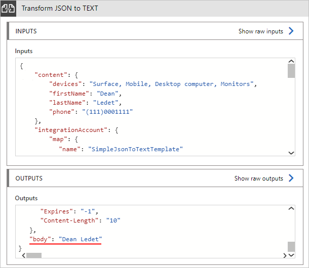 Captura de pantalla que muestra la salida de ejemplo para la transformación JSON a texto.