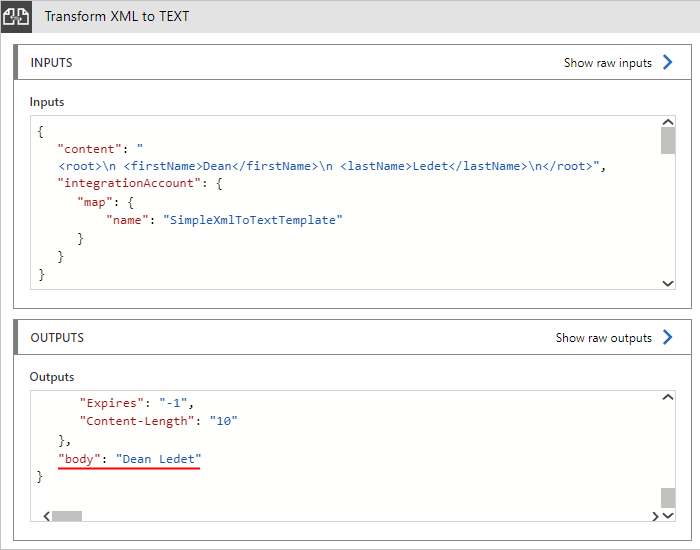 Captura de pantalla que muestra una salida de ejemplo para la transformación XML a texto