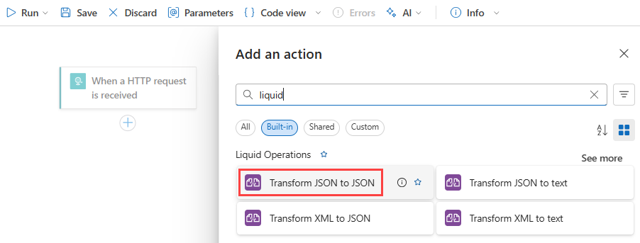 Captura de pantalla que muestra el flujo de trabajo estándar con una acción Liquid seleccionada.