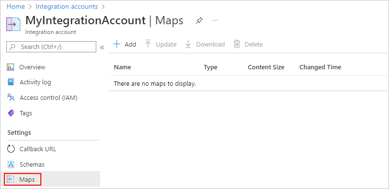Captura de pantalla que muestra el menú de navegación de la cuenta de integración con Maps seleccionado.