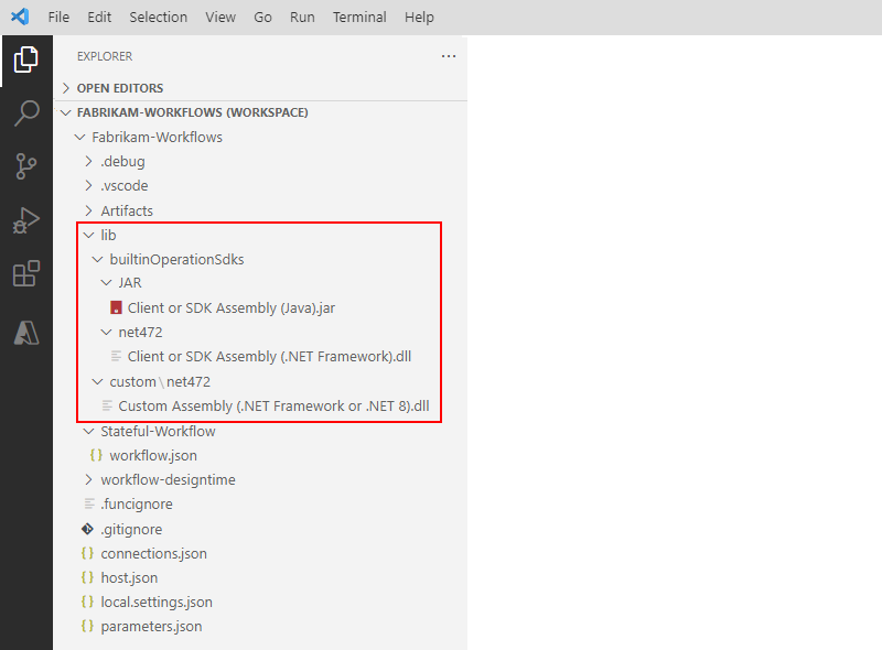 Captura de pantalla que muestra la estructura del proyecto de Visual Studio Code y las carpetas de ensamblado expandidas.