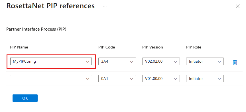 La captura de pantalla muestra una tabla con información de PIP, en la que la fila correspondiente a MyPIPConfig contiene detalles específicos.