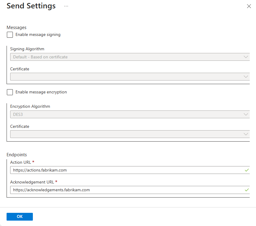 Captura de pantalla que muestra el panel Configuración de envío, con opciones para firmar y cifrar mensajes y para escribir algoritmos, certificados y direcciones URL de punto de conexión.
