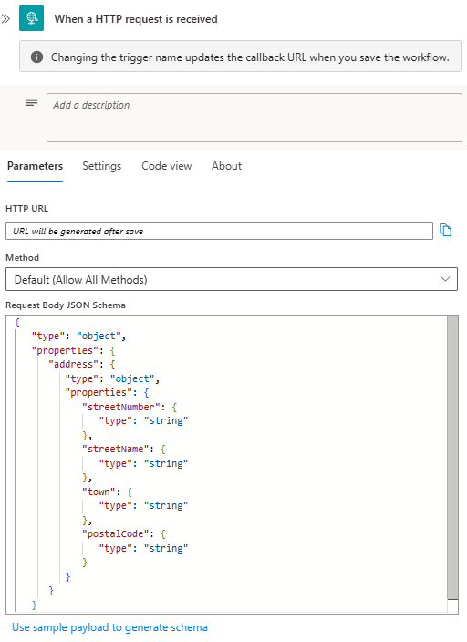 Captura de pantalla que muestra el flujo de trabajo Consumo con el desencadenador de solicitud y el parámetro de esquema JSON del cuerpo de la solicitud con el esquema de ejemplo.