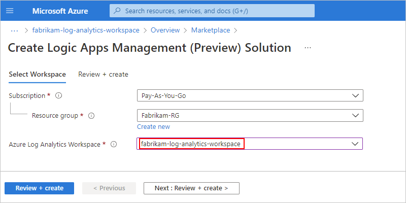 Captura de pantalla que muestra Azure Portal, la página Crear solución de administración de Logic Apps (versión preliminar) e información del área de trabajo.