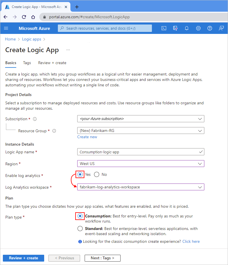 Captura de pantalla que muestra la página de creación de aplicaciones lógicas de consumo y Azure Portal.
