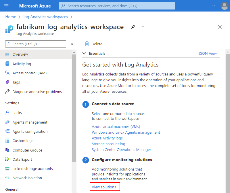 Captura de pantalla que muestra Azure Portal, la página de información general del área de trabajo y Ver soluciones seleccionadas.