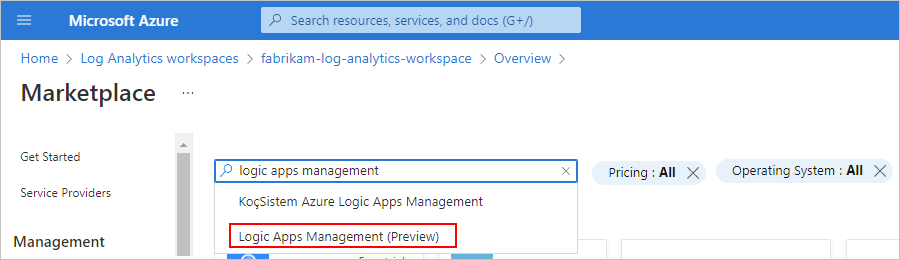 Captura de pantalla que muestra Azure Portal, el cuadro de búsqueda de páginas de Marketplace con la opción 