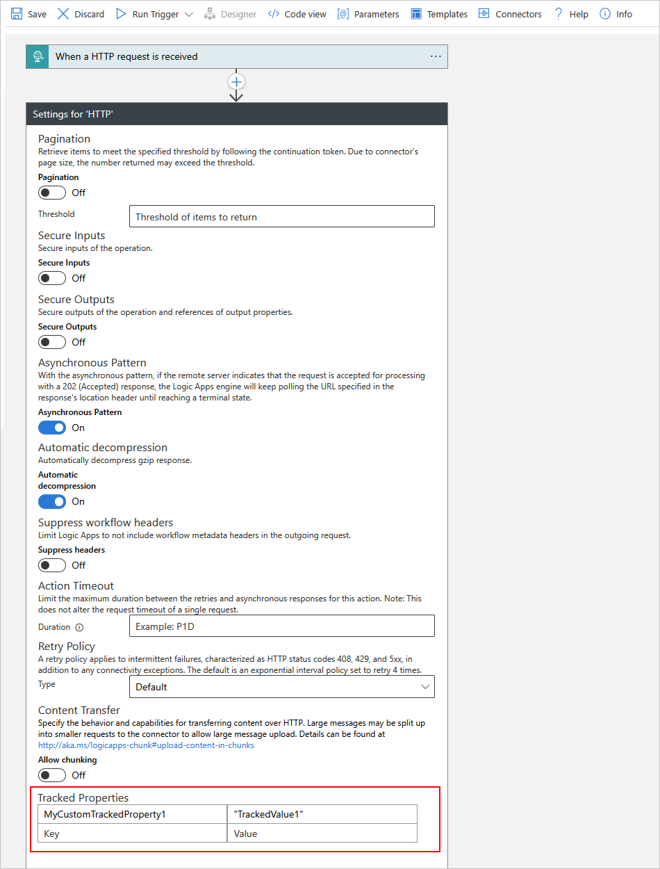 Captura de pantalla que muestra Azure Portal, el diseñador para el flujo de trabajo consumo y la acción HTTP con propiedades de seguimiento.