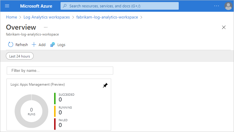 Captura de pantalla que muestra Azure Portal, el panel de resumen del área de trabajo con la solución de administración de Logic Apps.