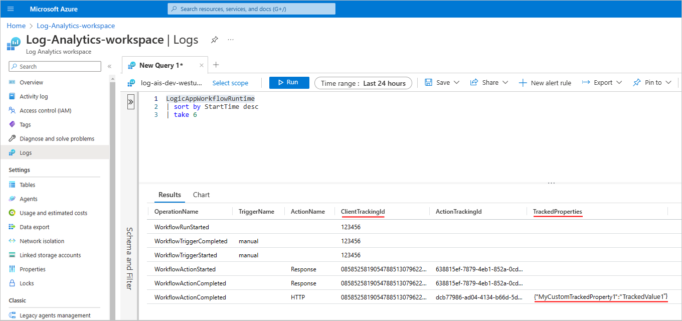 Captura de pantalla que muestra Azure Portal, el área de trabajo de Log Analytics y la telemetría capturada para la ejecución de flujo de trabajo estándar con propiedades de seguimiento personalizadas.