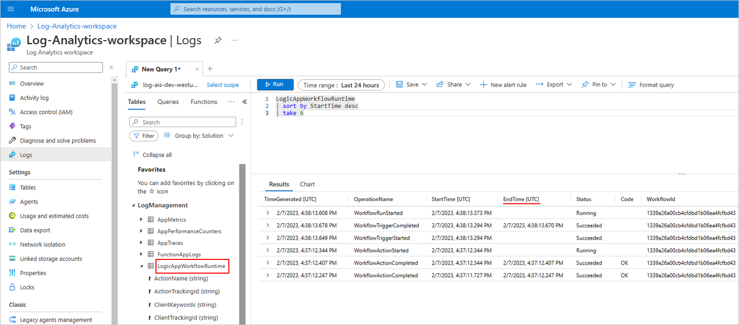 Captura de pantalla que muestra Azure Portal, el área de trabajo de Log Analytics y la telemetría capturada para la ejecución de flujo de trabajo de aplicación lógica estándar.