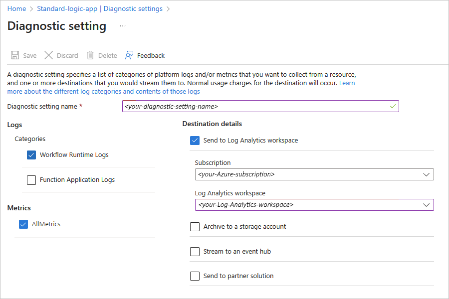 Captura de pantalla que muestra Azure Portal, menú de recursos de aplicación lógica estándar con las opciones de Log Analytics seleccionadas.