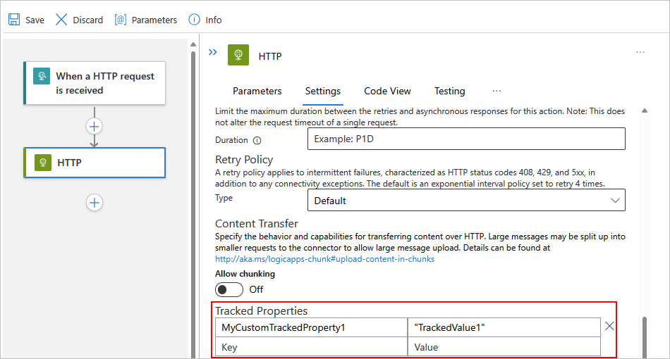 Captura de pantalla que muestra Azure Portal, diseñador para flujo de trabajo estándar y acción HTTP con propiedades de seguimiento.