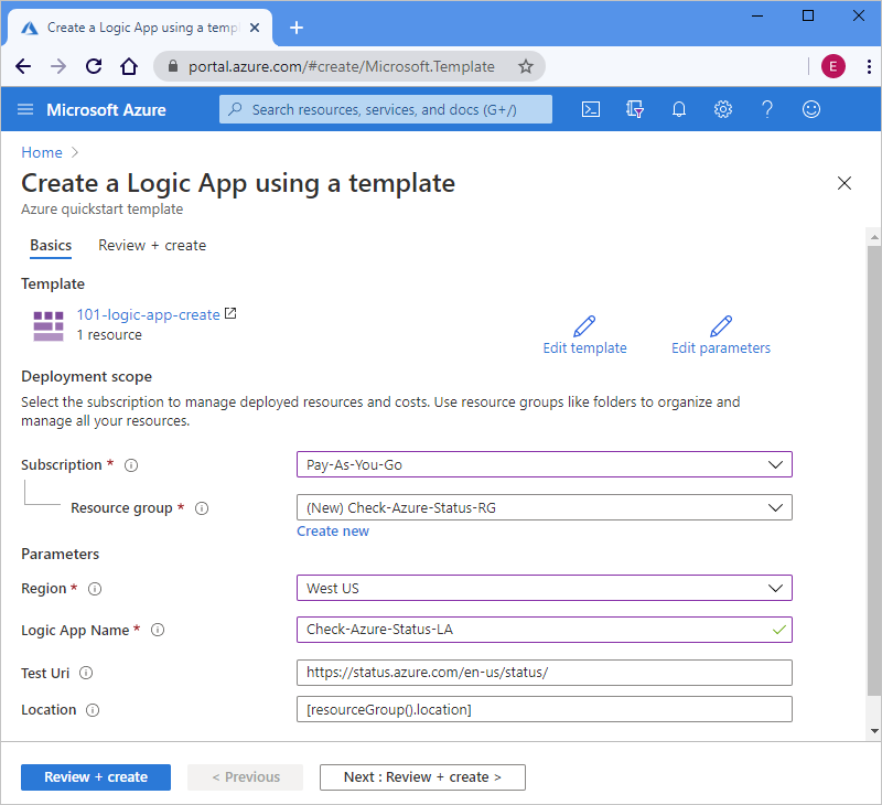 Recorte de pantalla que muestra Azure Portal con propiedades y valores de ejemplo de 