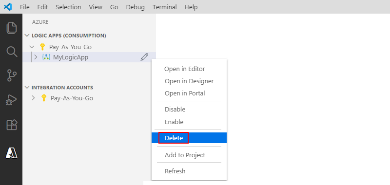 Captura de pantalla que muestra Visual Studio Code y cómo eliminar un recurso de aplicación lógica.