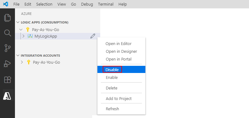 Captura de pantalla que muestra Visual Studio Code y cómo deshabilitar un recurso de aplicación lógica.