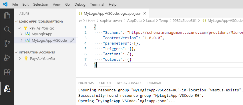 Captura de pantalla que muestra el marco para una definición de flujo de trabajo de aplicación lógica vacía en un archivo JSON.