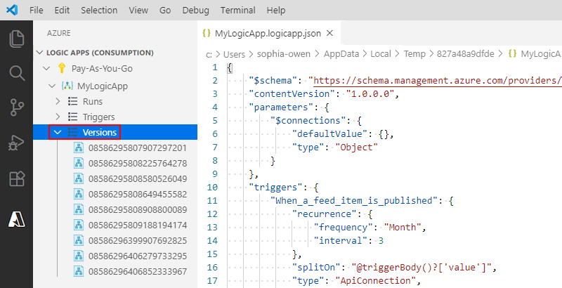 Captura de pantalla que muestra Visual Studio Code y las versiones anteriores de una aplicación lógica.