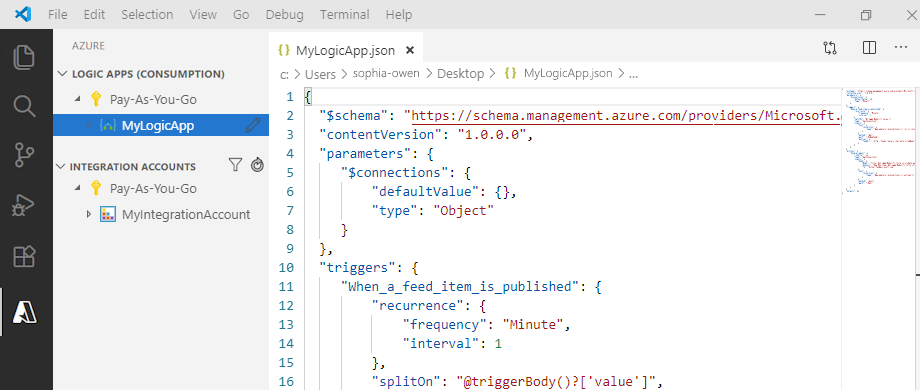 Captura de pantalla que muestra una definición de flujo de trabajo de aplicación lógica de consumo de ejemplo en Visual Studio Code.