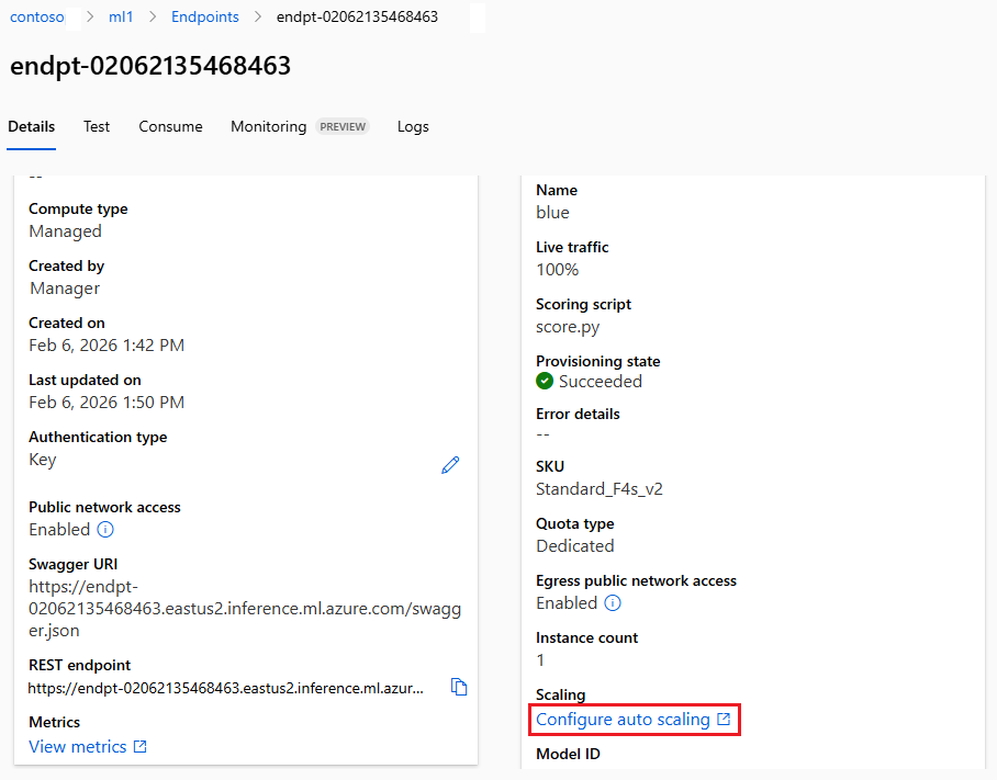 Captura de pantalla que muestra cómo seleccionar la opción para configurar el escalado automático para un punto de conexión.