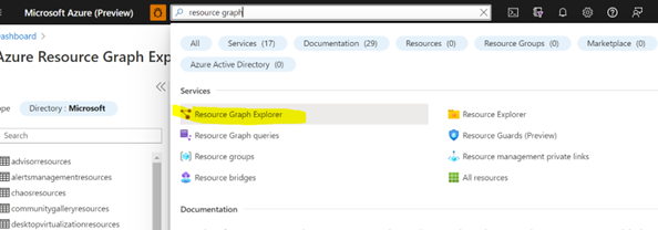 Captura de pantalla del Explorador de Azure&nbsp;Resource&nbsp;Graph en el portal.