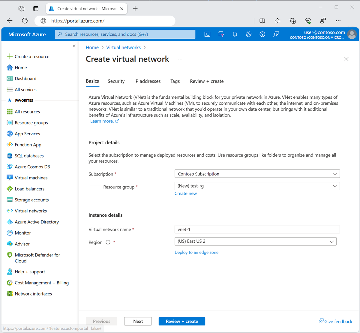 Captura de pantalla que muestra la pestaña Aspectos básicos de Crear red virtual en Azure&nbsp;Portal