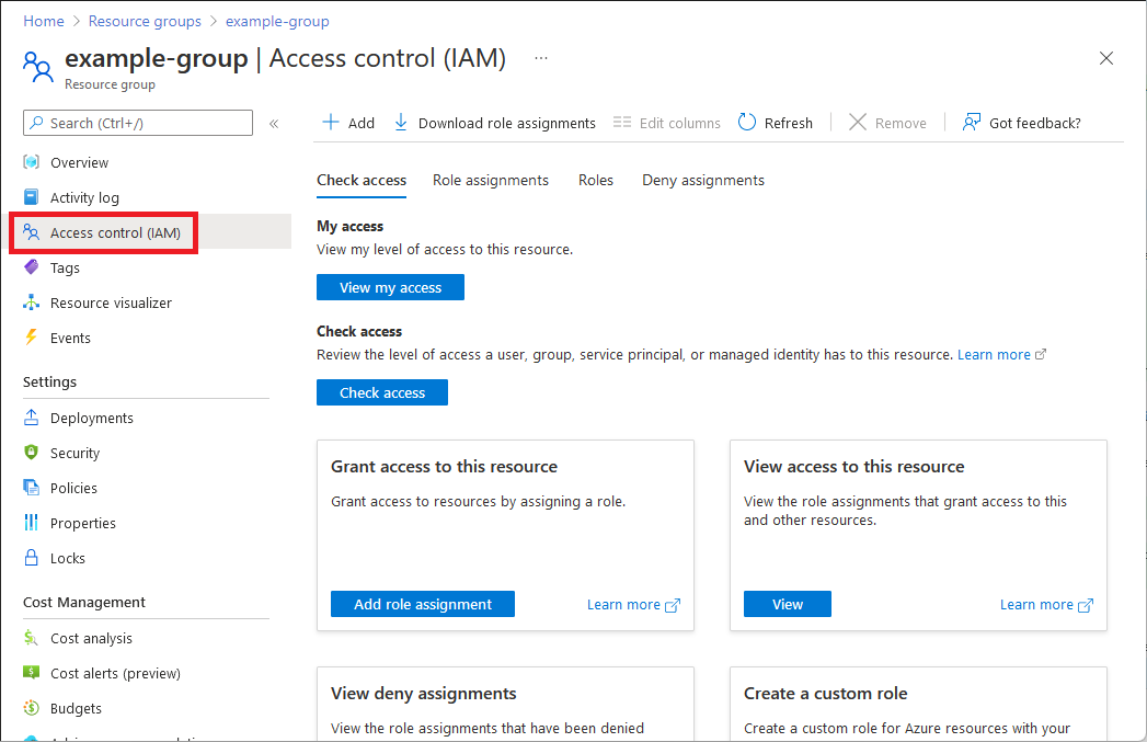 Captura de pantalla de la página Control de acceso (IAM) de un grupo de recursos.