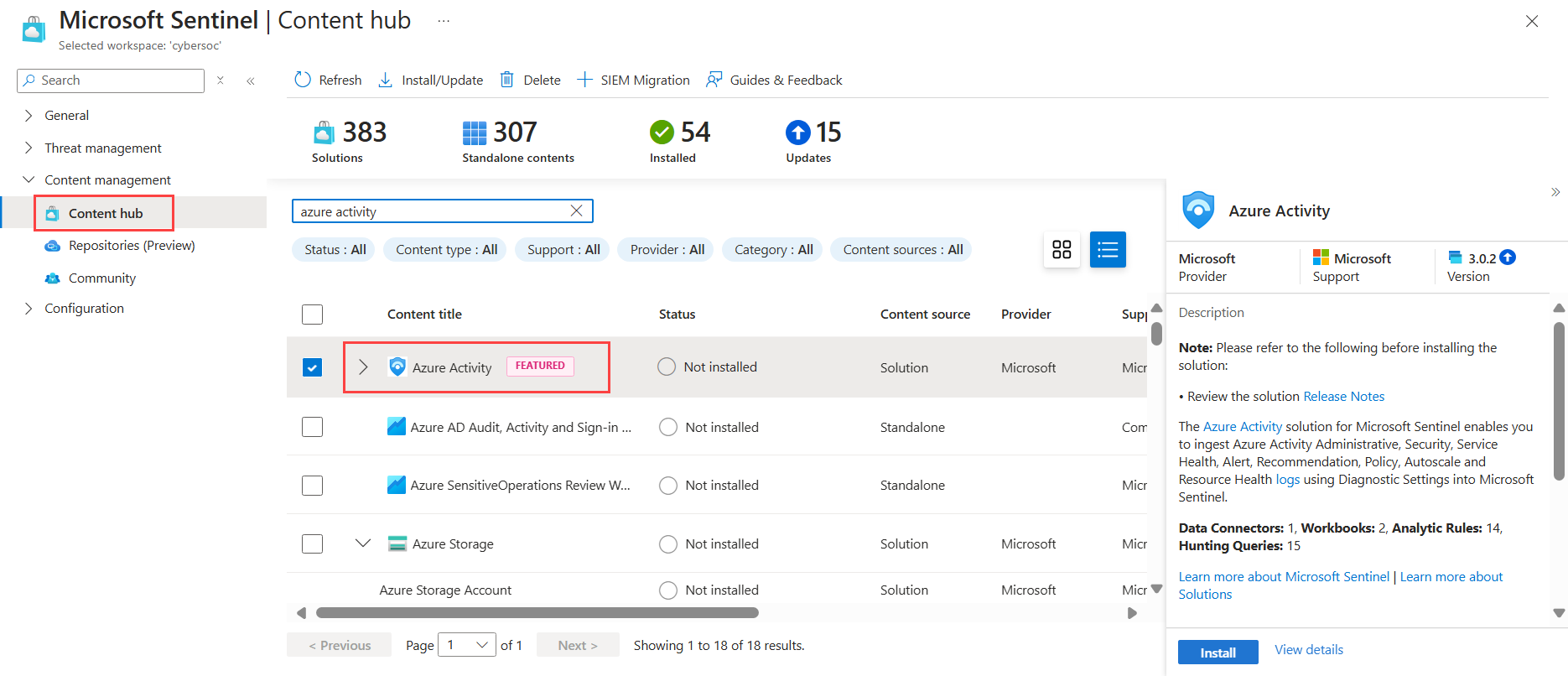 Captura de pantalla del centro de contenido en el Azure Portal con la solución para la actividad de Azure seleccionada.