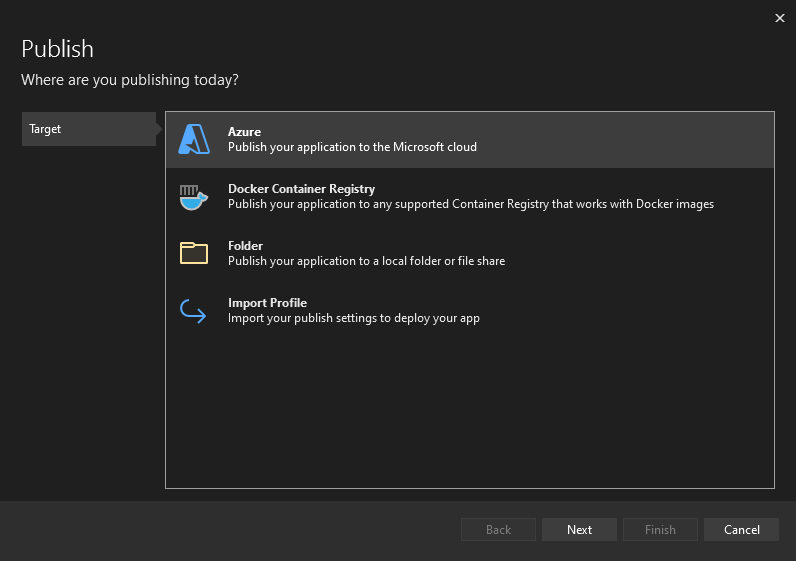 Una captura de pantalla que muestra cómo seleccionar Azure como destino de implementación.