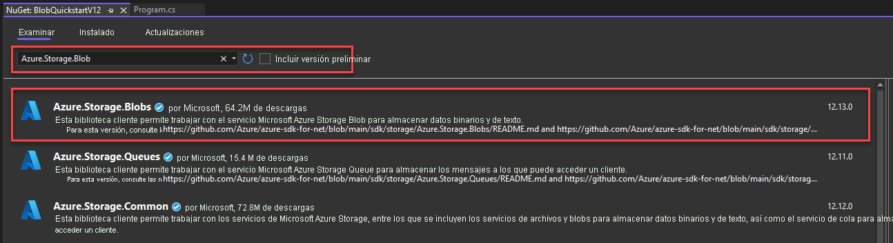 Captura de pantalla de instalar un paquete NuGet en Visual Studio.