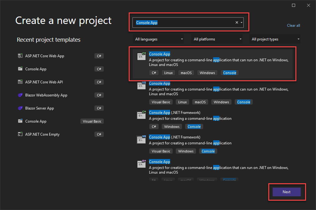 Captura de pantalla de la creación de un nuevo proyecto de aplicación de consola en Visual Studio.