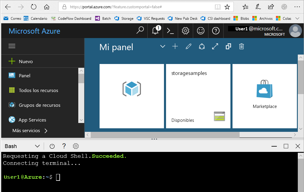Captura de pantalla de la ventana de Cloud Shell abierta en Azure portal.