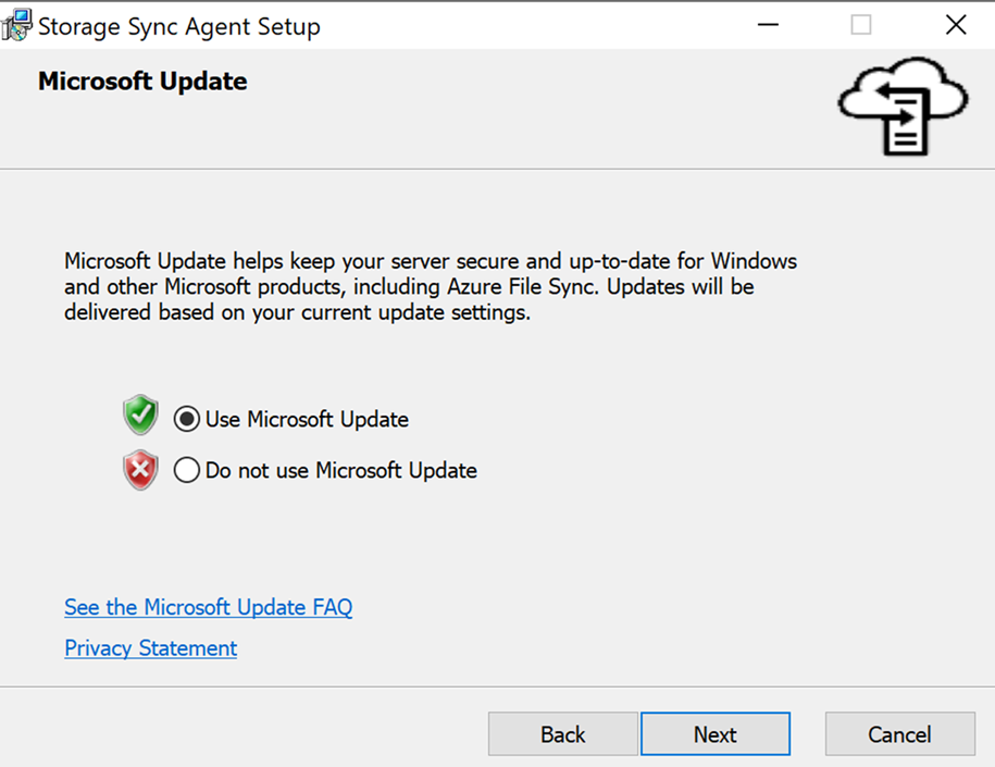 Captura de pantalla de la opción para usar Microsoft Update en el Asistente para la instalación del agente de sincronización de archivos.
