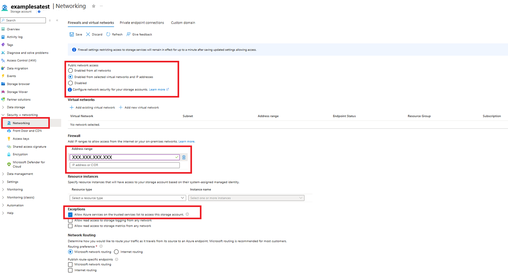 Captura de pantalla de la configuración del firewall y de la red virtual para trabajar con Azure File Sync.