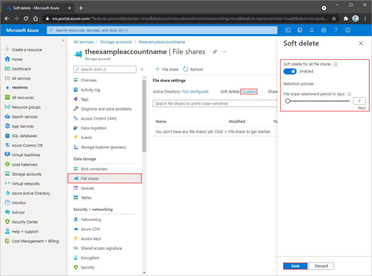 Captura de pantalla del panel de configuración de eliminación temporal de la cuenta de almacenamiento. Resalte la sección de eliminación temporal de recursos compartidos de archivos, active la opción, establezca un período de retención y guarde. De esta manera, se activará la eliminación temporal de todos los recursos compartidos de archivos de su cuenta de almacenamiento.