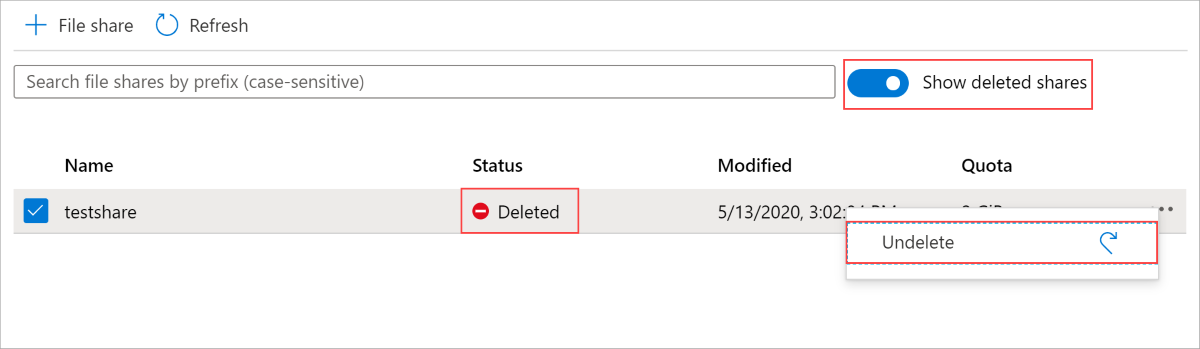 Captura de pantalla de la opción recuperar en un recurso compartido de archivos eliminado en Azure Portal.