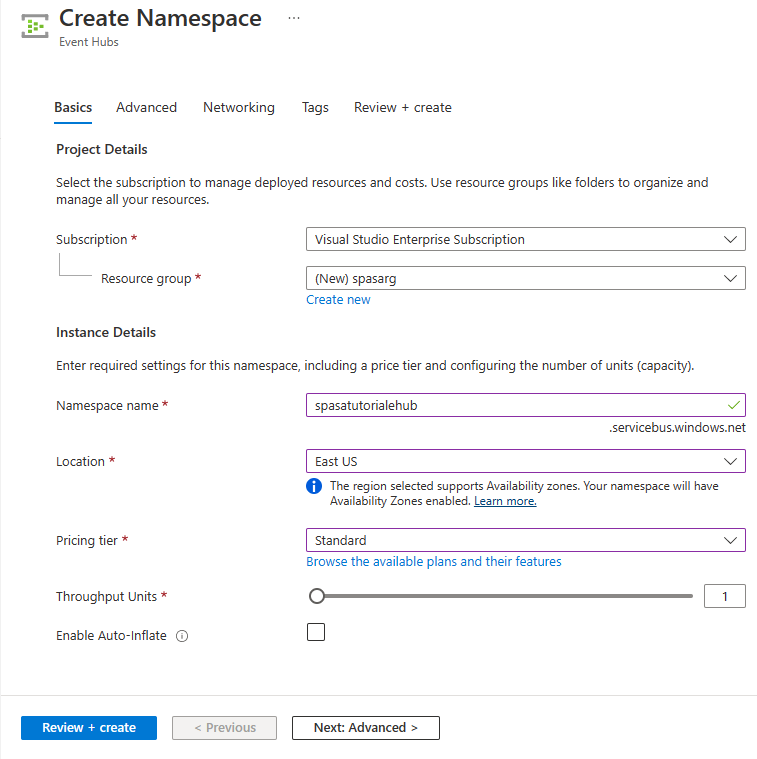 Captura de pantalla que muestra la página Crear Namespace.