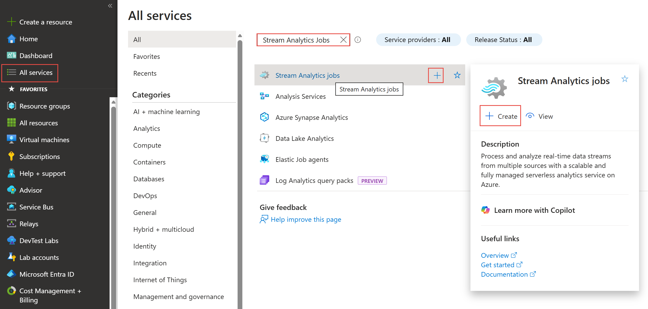 Captura de pantalla que muestra cómo buscar Stream Analytics en Azure Portal.