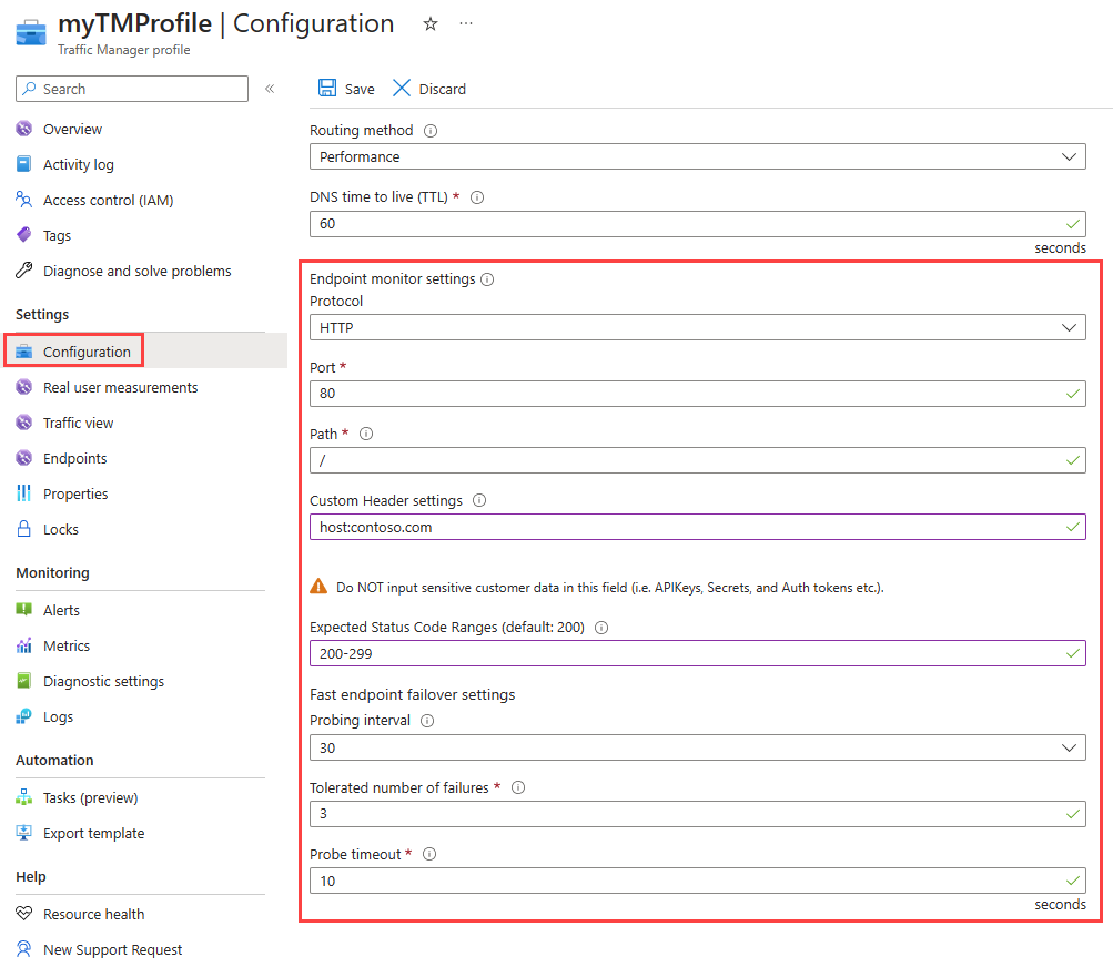 Captura de pantalla de la configuración de supervisión de puntos de conexión de Traffic Manager en Azure Portal.