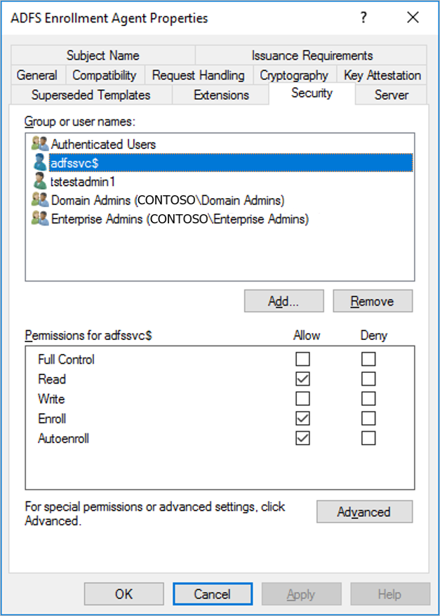 Captura de pantalla que muestra la pestaña seguridad de la plantilla de certificado del Agente de inscripción una vez configurada correctamente.