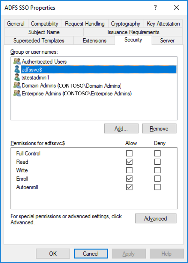 Captura de pantalla en la que se muestra la pestaña seguridad de la plantilla de certificado sso una vez configurada correctamente.