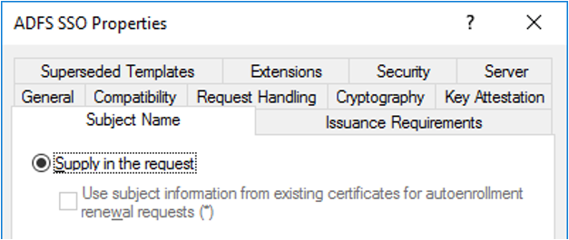Captura de pantalla en la que se muestra la pestaña nombre del firmante de la plantilla de certificado sso y el aspecto que debería tener cuando se haya configurado correctamente.